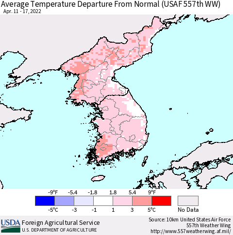 Korea Average Temperature Departure from Normal (USAF 557th WW) Thematic Map For 4/11/2022 - 4/17/2022
