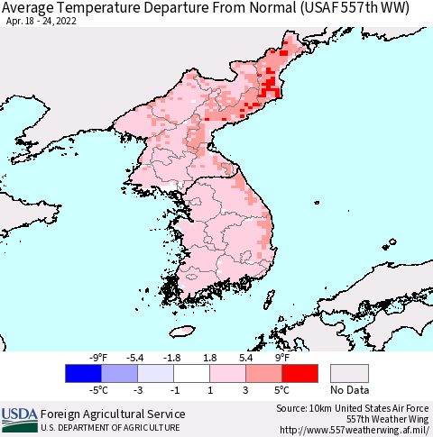 Korea Average Temperature Departure from Normal (USAF 557th WW) Thematic Map For 4/18/2022 - 4/24/2022