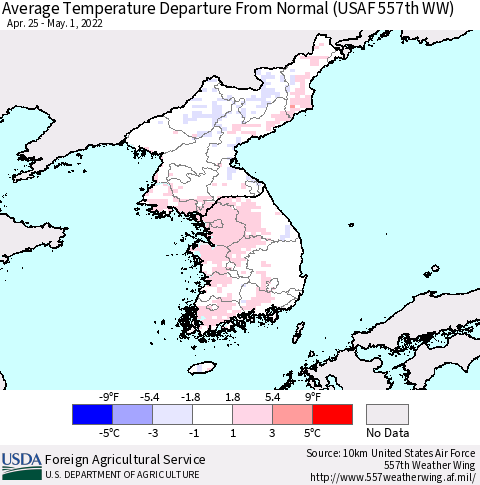Korea Average Temperature Departure from Normal (USAF 557th WW) Thematic Map For 4/25/2022 - 5/1/2022