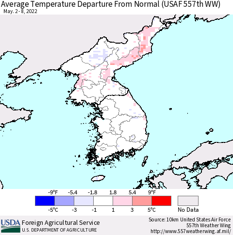 Korea Average Temperature Departure from Normal (USAF 557th WW) Thematic Map For 5/2/2022 - 5/8/2022