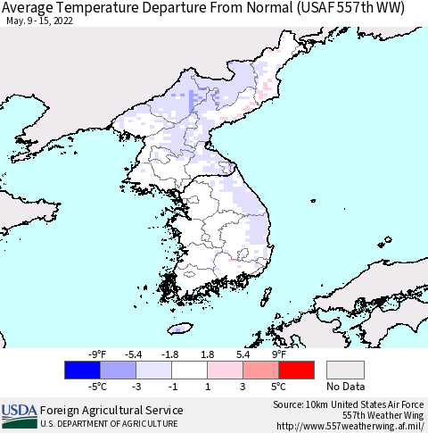 Korea Average Temperature Departure from Normal (USAF 557th WW) Thematic Map For 5/9/2022 - 5/15/2022