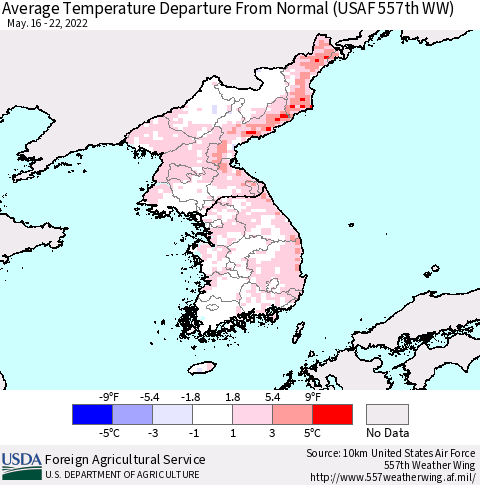 Korea Average Temperature Departure from Normal (USAF 557th WW) Thematic Map For 5/16/2022 - 5/22/2022