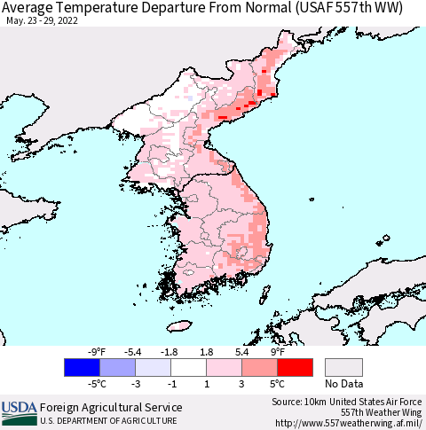 Korea Average Temperature Departure from Normal (USAF 557th WW) Thematic Map For 5/23/2022 - 5/29/2022