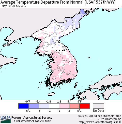 Korea Average Temperature Departure from Normal (USAF 557th WW) Thematic Map For 5/30/2022 - 6/5/2022