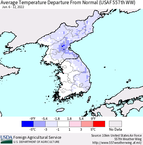 Korea Average Temperature Departure from Normal (USAF 557th WW) Thematic Map For 6/6/2022 - 6/12/2022