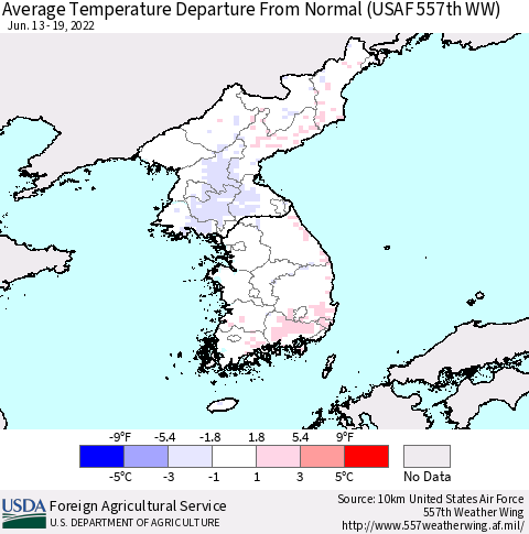 Korea Average Temperature Departure from Normal (USAF 557th WW) Thematic Map For 6/13/2022 - 6/19/2022