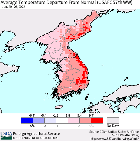 Korea Average Temperature Departure from Normal (USAF 557th WW) Thematic Map For 6/20/2022 - 6/26/2022