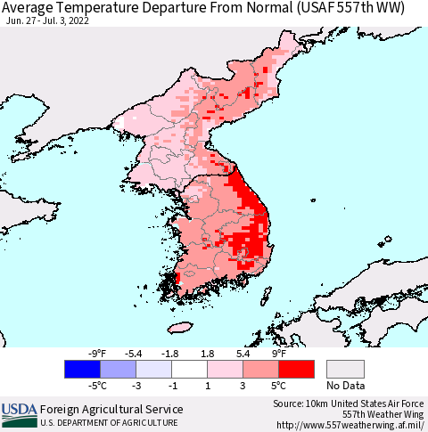 Korea Average Temperature Departure from Normal (USAF 557th WW) Thematic Map For 6/27/2022 - 7/3/2022
