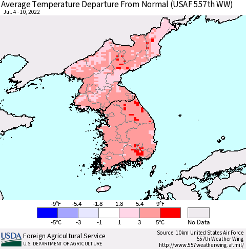 Korea Average Temperature Departure from Normal (USAF 557th WW) Thematic Map For 7/4/2022 - 7/10/2022