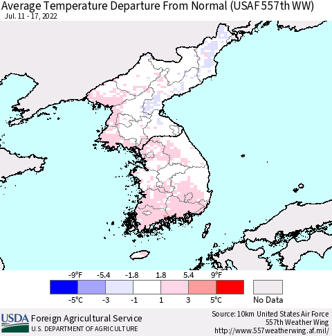 Korea Average Temperature Departure from Normal (USAF 557th WW) Thematic Map For 7/11/2022 - 7/17/2022