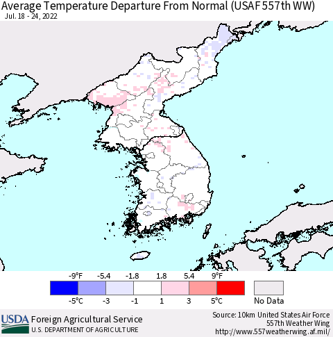 Korea Average Temperature Departure from Normal (USAF 557th WW) Thematic Map For 7/18/2022 - 7/24/2022