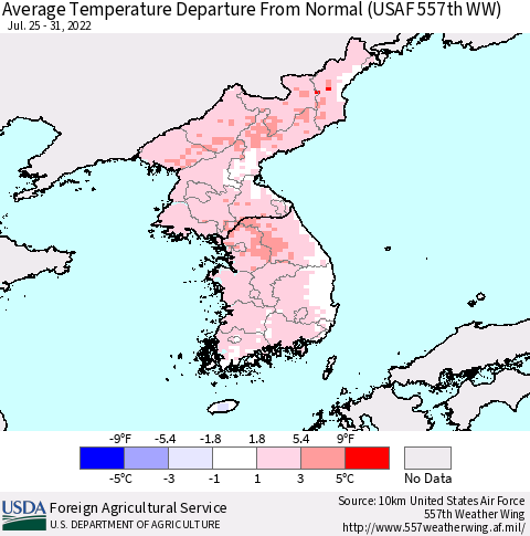 Korea Average Temperature Departure from Normal (USAF 557th WW) Thematic Map For 7/25/2022 - 7/31/2022
