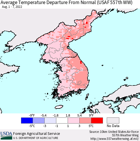 Korea Average Temperature Departure from Normal (USAF 557th WW) Thematic Map For 8/1/2022 - 8/7/2022