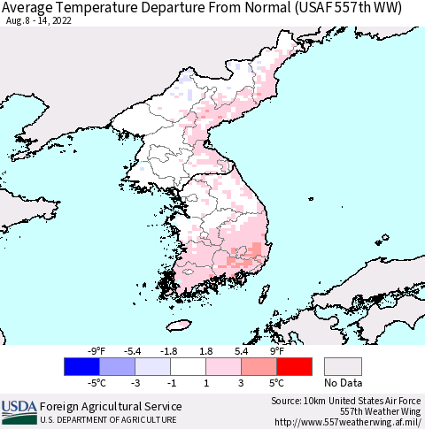 Korea Average Temperature Departure from Normal (USAF 557th WW) Thematic Map For 8/8/2022 - 8/14/2022