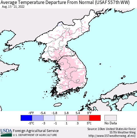 Korea Average Temperature Departure from Normal (USAF 557th WW) Thematic Map For 8/15/2022 - 8/21/2022