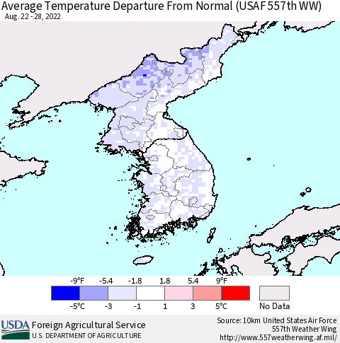 Korea Average Temperature Departure from Normal (USAF 557th WW) Thematic Map For 8/22/2022 - 8/28/2022