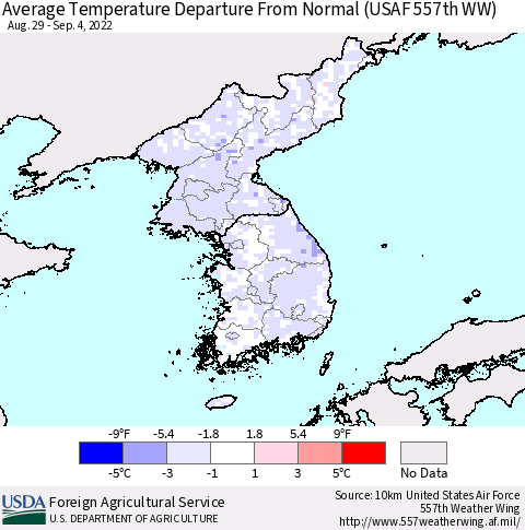 Korea Average Temperature Departure from Normal (USAF 557th WW) Thematic Map For 8/29/2022 - 9/4/2022