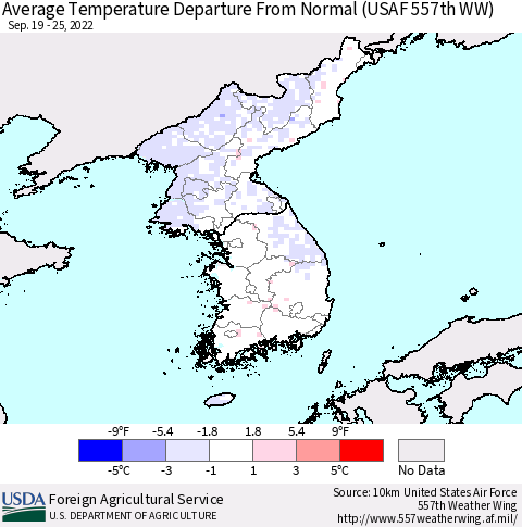 Korea Average Temperature Departure from Normal (USAF 557th WW) Thematic Map For 9/19/2022 - 9/25/2022