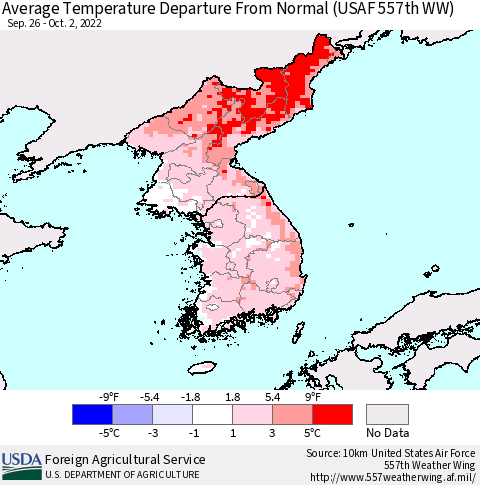 Korea Average Temperature Departure from Normal (USAF 557th WW) Thematic Map For 9/26/2022 - 10/2/2022