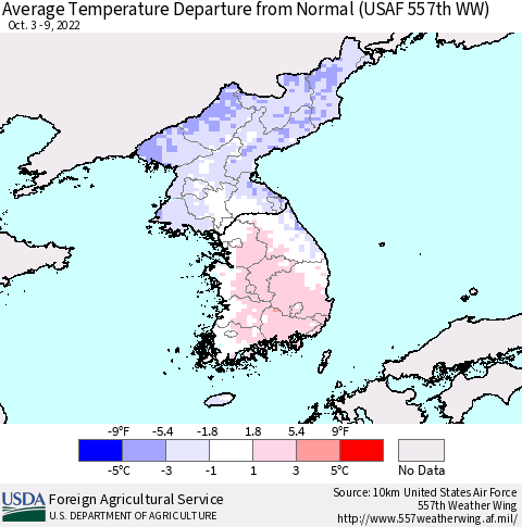 Korea Average Temperature Departure from Normal (USAF 557th WW) Thematic Map For 10/3/2022 - 10/9/2022
