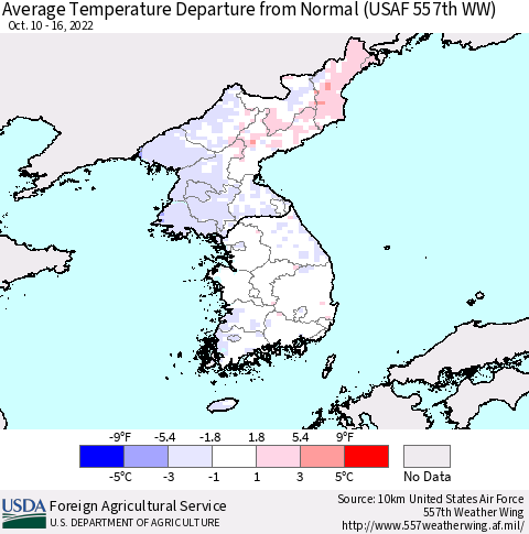 Korea Average Temperature Departure from Normal (USAF 557th WW) Thematic Map For 10/10/2022 - 10/16/2022