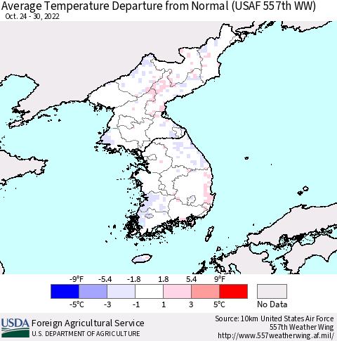 Korea Average Temperature Departure from Normal (USAF 557th WW) Thematic Map For 10/24/2022 - 10/30/2022