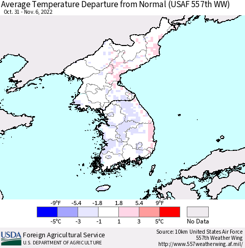 Korea Average Temperature Departure from Normal (USAF 557th WW) Thematic Map For 10/31/2022 - 11/6/2022
