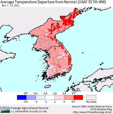 Korea Average Temperature Departure from Normal (USAF 557th WW) Thematic Map For 11/7/2022 - 11/13/2022