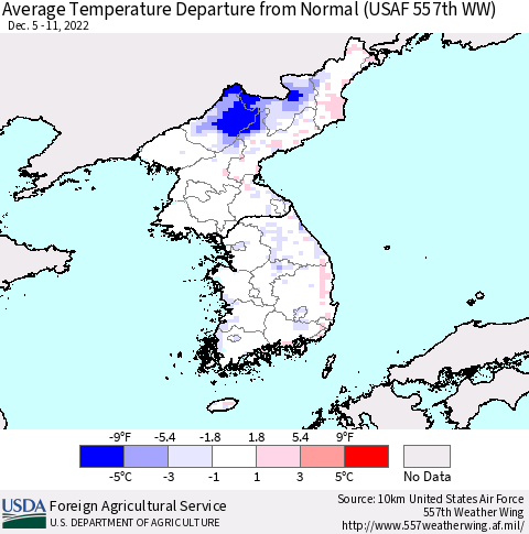 Korea Average Temperature Departure from Normal (USAF 557th WW) Thematic Map For 12/5/2022 - 12/11/2022