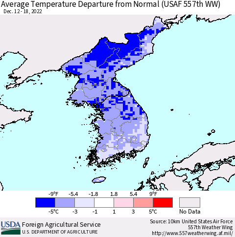 Korea Average Temperature Departure from Normal (USAF 557th WW) Thematic Map For 12/12/2022 - 12/18/2022