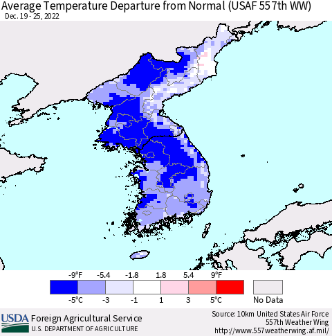 Korea Average Temperature Departure from Normal (USAF 557th WW) Thematic Map For 12/19/2022 - 12/25/2022