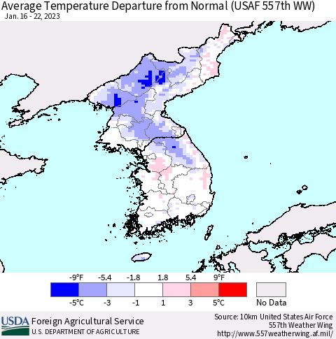 Korea Average Temperature Departure from Normal (USAF 557th WW) Thematic Map For 1/16/2023 - 1/22/2023