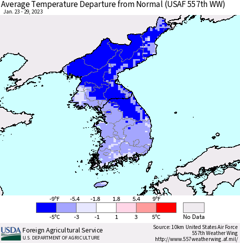 Korea Average Temperature Departure from Normal (USAF 557th WW) Thematic Map For 1/23/2023 - 1/29/2023