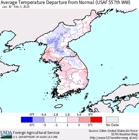 Korea Average Temperature Departure from Normal (USAF 557th WW) Thematic Map For 1/30/2023 - 2/5/2023