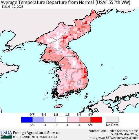 Korea Average Temperature Departure from Normal (USAF 557th WW) Thematic Map For 2/6/2023 - 2/12/2023