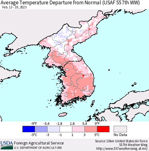 Korea Average Temperature Departure from Normal (USAF 557th WW) Thematic Map For 2/13/2023 - 2/19/2023