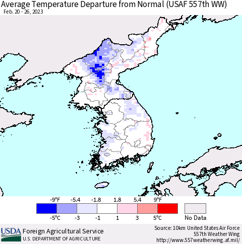 Korea Average Temperature Departure from Normal (USAF 557th WW) Thematic Map For 2/20/2023 - 2/26/2023