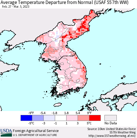 Korea Average Temperature Departure from Normal (USAF 557th WW) Thematic Map For 2/27/2023 - 3/5/2023