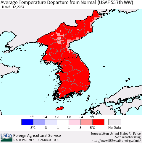 Korea Average Temperature Departure from Normal (USAF 557th WW) Thematic Map For 3/6/2023 - 3/12/2023