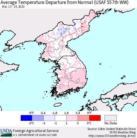 Korea Average Temperature Departure from Normal (USAF 557th WW) Thematic Map For 3/13/2023 - 3/19/2023
