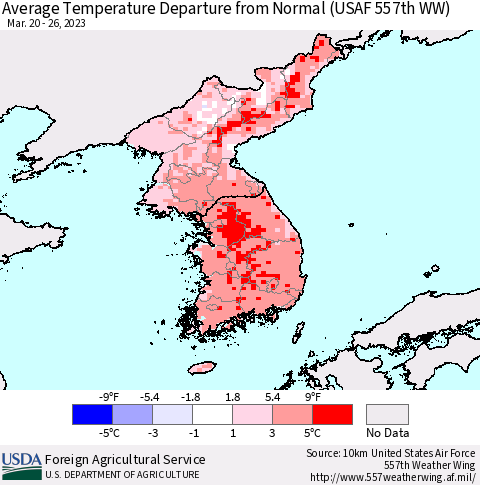 Korea Average Temperature Departure from Normal (USAF 557th WW) Thematic Map For 3/20/2023 - 3/26/2023