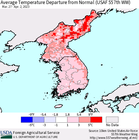 Korea Average Temperature Departure from Normal (USAF 557th WW) Thematic Map For 3/27/2023 - 4/2/2023