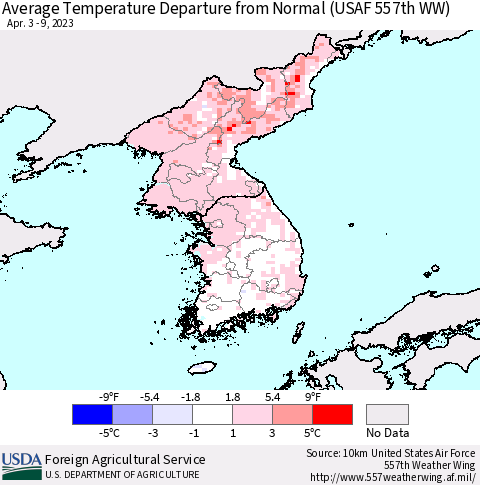 Korea Average Temperature Departure from Normal (USAF 557th WW) Thematic Map For 4/3/2023 - 4/9/2023