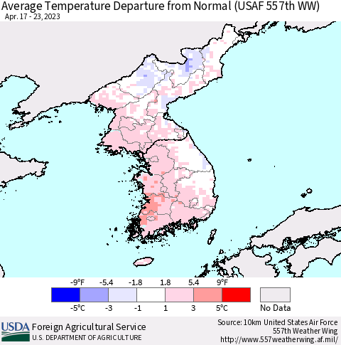 Korea Average Temperature Departure from Normal (USAF 557th WW) Thematic Map For 4/17/2023 - 4/23/2023