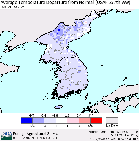 Korea Average Temperature Departure from Normal (USAF 557th WW) Thematic Map For 4/24/2023 - 4/30/2023