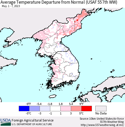 Korea Average Temperature Departure from Normal (USAF 557th WW) Thematic Map For 5/1/2023 - 5/7/2023
