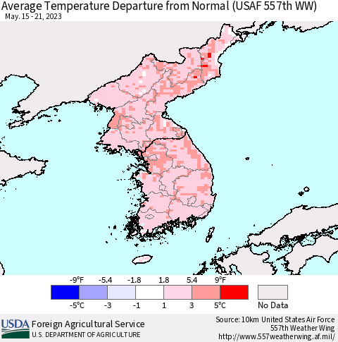 Korea Average Temperature Departure from Normal (USAF 557th WW) Thematic Map For 5/15/2023 - 5/21/2023