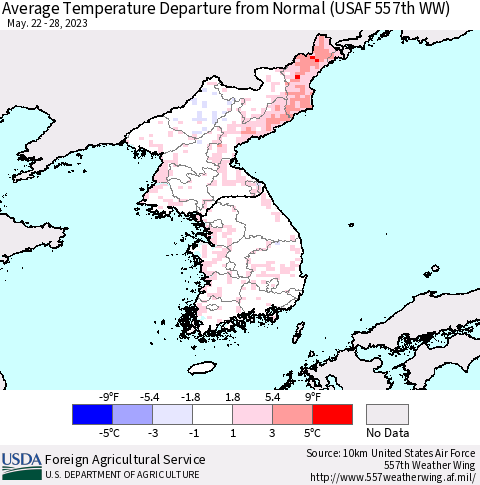 Korea Average Temperature Departure from Normal (USAF 557th WW) Thematic Map For 5/22/2023 - 5/28/2023