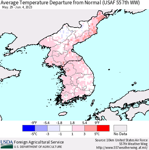 Korea Average Temperature Departure from Normal (USAF 557th WW) Thematic Map For 5/29/2023 - 6/4/2023