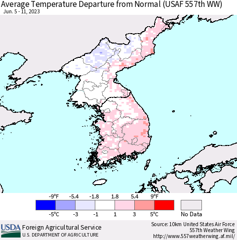 Korea Average Temperature Departure from Normal (USAF 557th WW) Thematic Map For 6/5/2023 - 6/11/2023